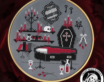 Patrón de punto de cruz de guarida de vampiro gótico / Decoración espeluznante de Drácula (PDF)