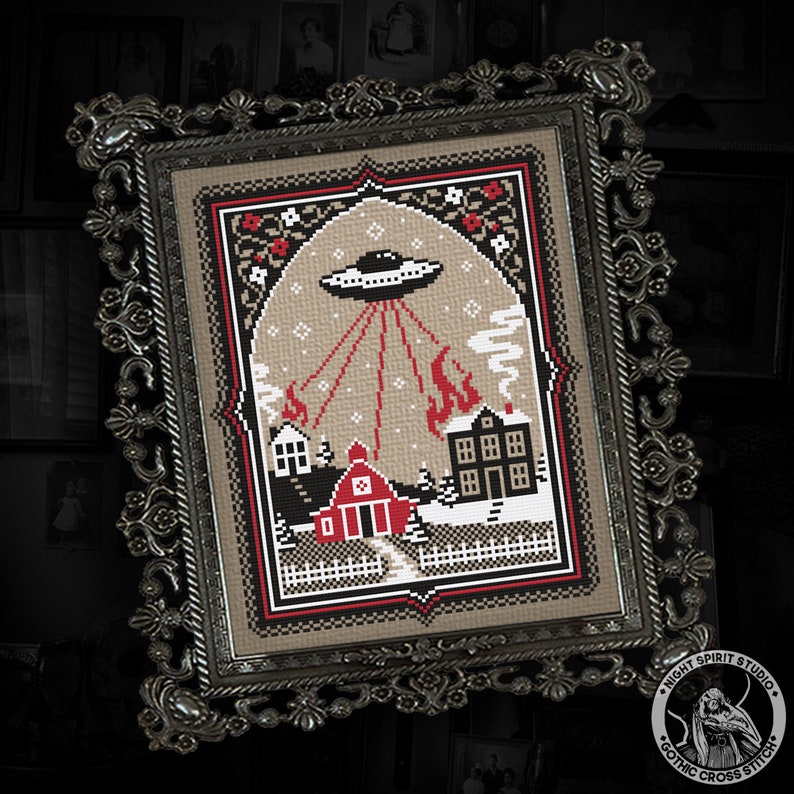 Unexpected Visitors Holiday Alien Invasion Gothic Cross Stitch Alien Cross Stitch Holiday Cross Stitch UFO Aliens Digital PDF image 1