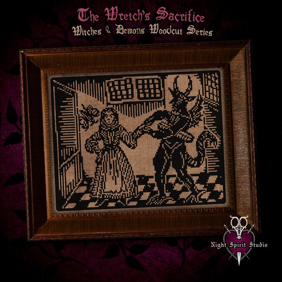 The Wretch’s Sacrifice — Gothic Devil Woodcut Cross Stitch Pattern (Digital PDF)