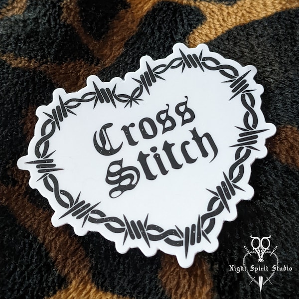 Cross Stitch Barbed Wire Heart - 3 inch Sticker - Night Spirit Studio -Snarky Cross Stitch - Goth Gothic Sticker