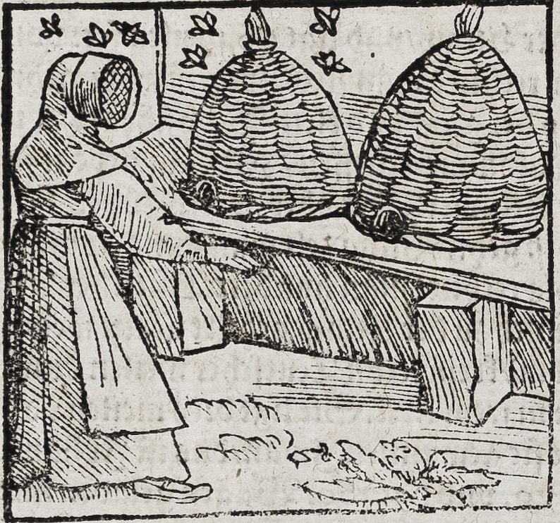 May include: A black and white illustration of a person wearing a beekeeper's suit and hat, tending to three beehives. The beehives are stacked on a wooden platform. Bees are flying around the beehives.