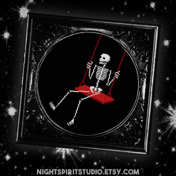 Esqueleto en un columpio Patrón de punto de cruz gótico sencillo PDF  digital