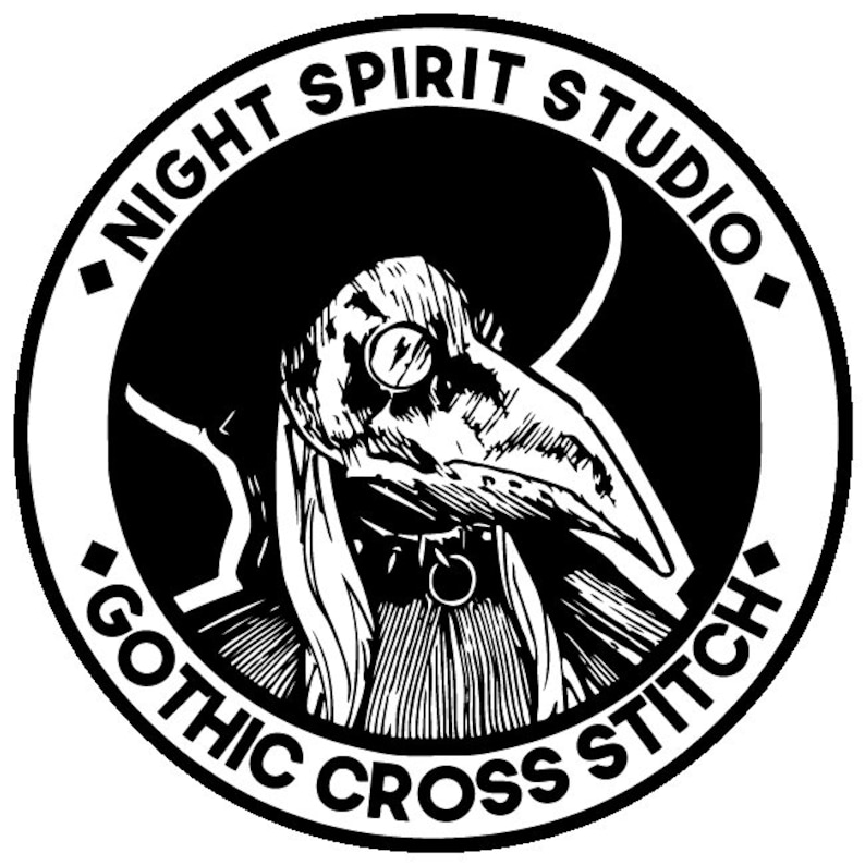 May include: Black and white illustration of a person wearing a plague doctor mask with a large, hooked nose. The image is surrounded by a white circle with the text "Night Spirit Studio Gothic Cross Stitch".