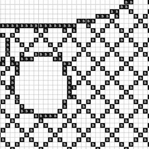 May include: Black and white pixel art design with a geometric pattern. The design is made up of small squares arranged in a repeating pattern.