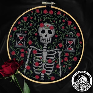 Death in the Rose Garden Cross Stitch Pattern — Gothic Skeleton, Victorian Memento Mori (PDF)