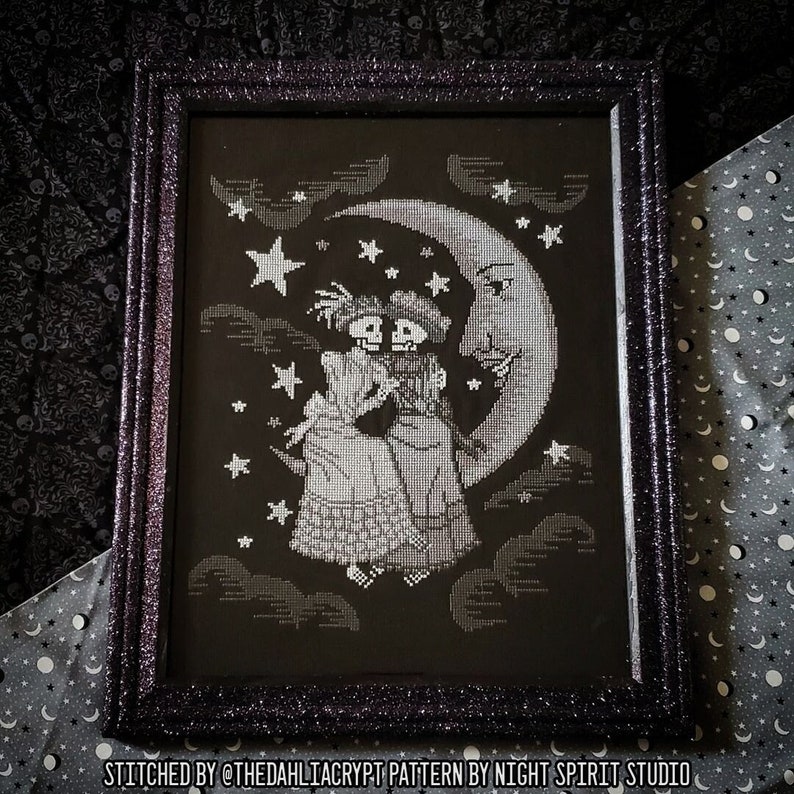 Edwardian Moon Gothic Cross Stitch Pattern Halloween Cross Stitch Skeleton Cross Stitch Antique Paper Moon Lesbian Digital PDF image 1