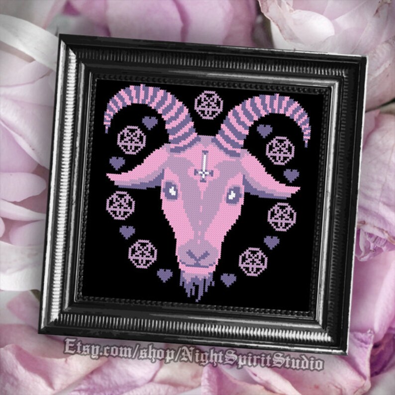 Pastel Goth Goat Head With Pentagram and Heart Cross Stitch | Etsy
