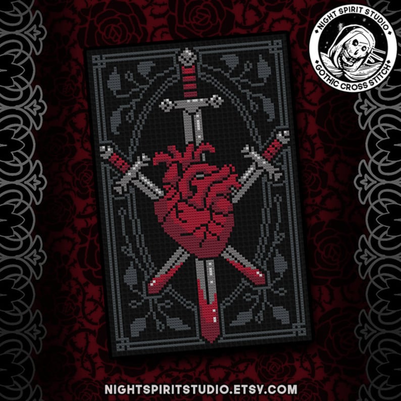 May include: Cross stitch pattern featuring a red heart pierced by three swords, set against a black background with a decorative border. The pattern is titled "Gothic Cross Stitch" and is from Night Spirit Studio.