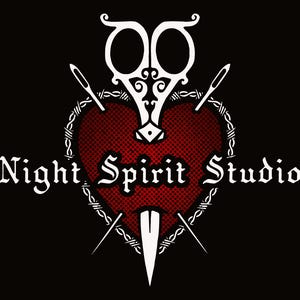 May include: A white silhouette of a pair of scissors, two needles, and a dagger piercing a red heart with barbed wire around it. The text "Night Spirit Studio" is below the heart.