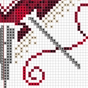 Puede incluir: Un patr&oacute;n de punto de cruz con un esquema de color rojo, blanco y gris. El patr&oacute;n presenta una variedad de s&iacute;mbolos, incluyendo corazones, diamantes, estrellas y lunas.