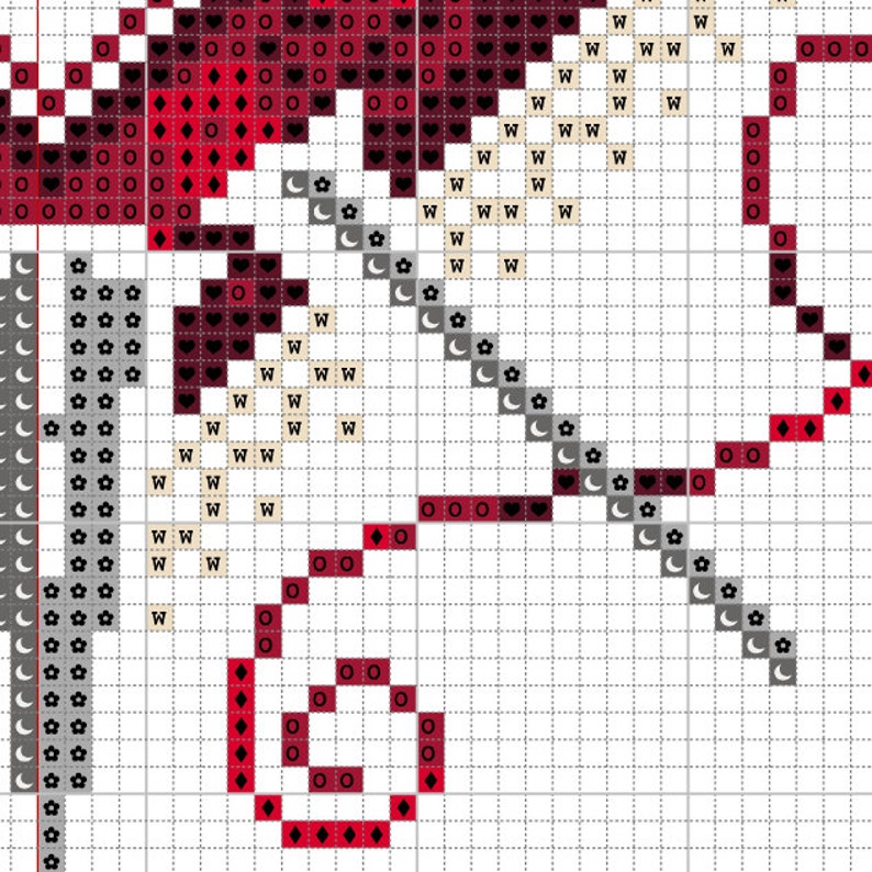 Puede incluir: Un patr&oacute;n de punto de cruz con un esquema de color rojo, blanco y gris. El patr&oacute;n presenta una variedad de s&iacute;mbolos, incluyendo corazones, diamantes, estrellas y lunas.
