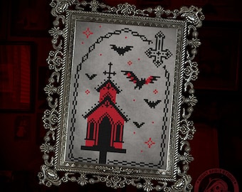 May include: Cross stitch pattern depicting a red gothic church with a black cross on top, surrounded by bats and stars. The pattern is framed in a silver frame. The text "Night Spirit Studio Gothic Cross Stitch" is visible in the lower right corner.