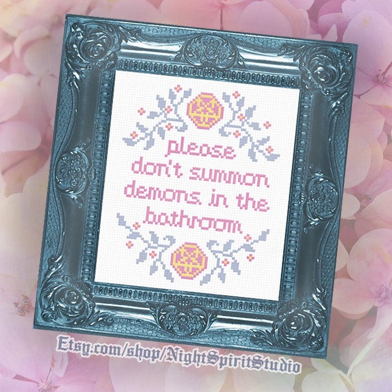 PASTEL Please Don't Summon Demons in the Bathroom Cross Stitch Pattern PDF 7x7 image 1