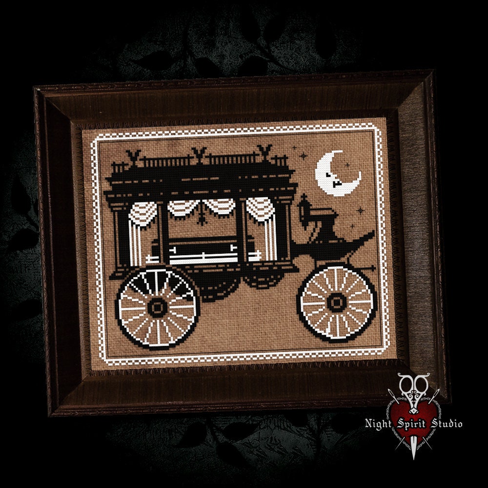 Victorian Horse-Drawn Hearse Cross Stitch Pattern — Gothic Sampler (Digital PDF)