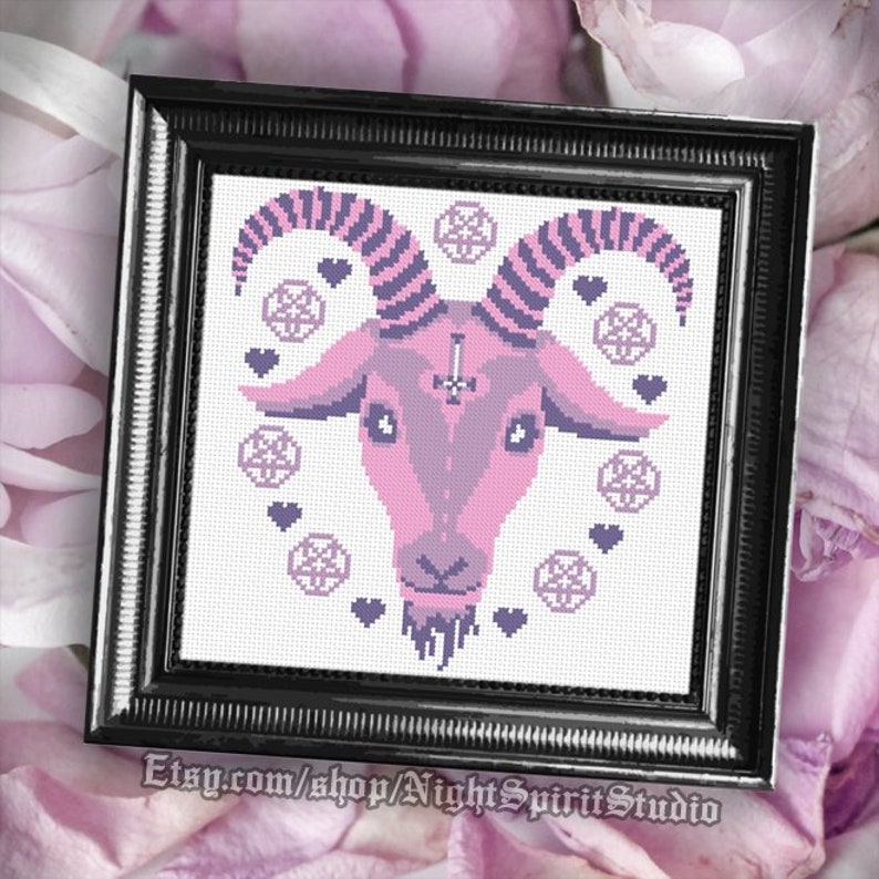 Pastel Goth Goat Head With Pentagram and Heart Cross Stitch - Etsy