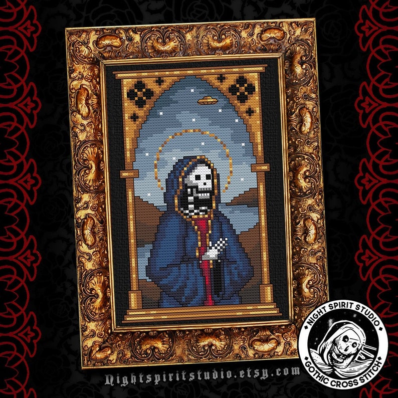 Iconic Visitor Medieval Skeleton with UFO Gothic Cross Stitch Pattern Digital PDF image 1