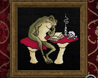 Pondering Frog Cross Stitch Pattern | Gothic, Memento Mori Cottagecore (PDF)