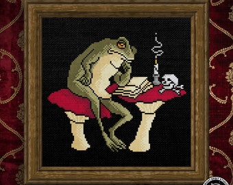 The Pondering Frog - Gothic Cross Stitch Pattern - Frog Cross Stitch - Cottagecore, Mushroom,  Memento Mori, Cottage, Goth - Digital PDF