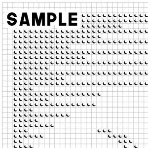 May include: Black and white pixel art design with the word "SAMPLE" at the top. The design is made up of small circles.
