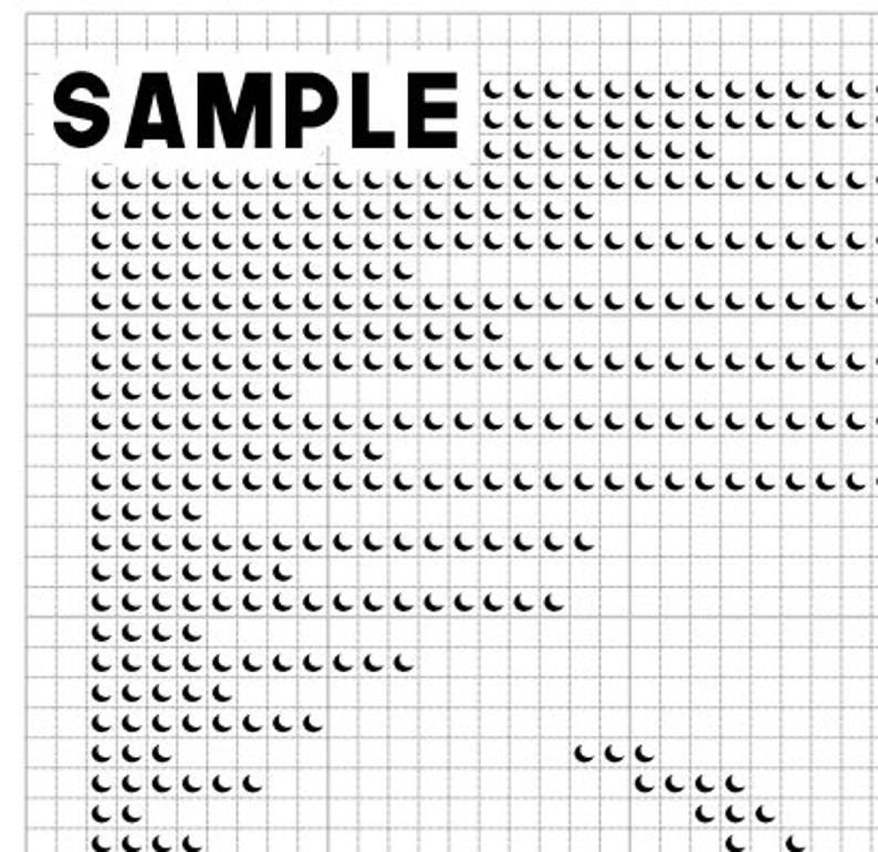 May include: Black and white pixel art design with the word "SAMPLE" at the top. The design is made up of small circles.