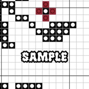 May include: Black and white pixel art design with a red cross in the centre. The design includes the word "SAMPLE" in a bold, black font.