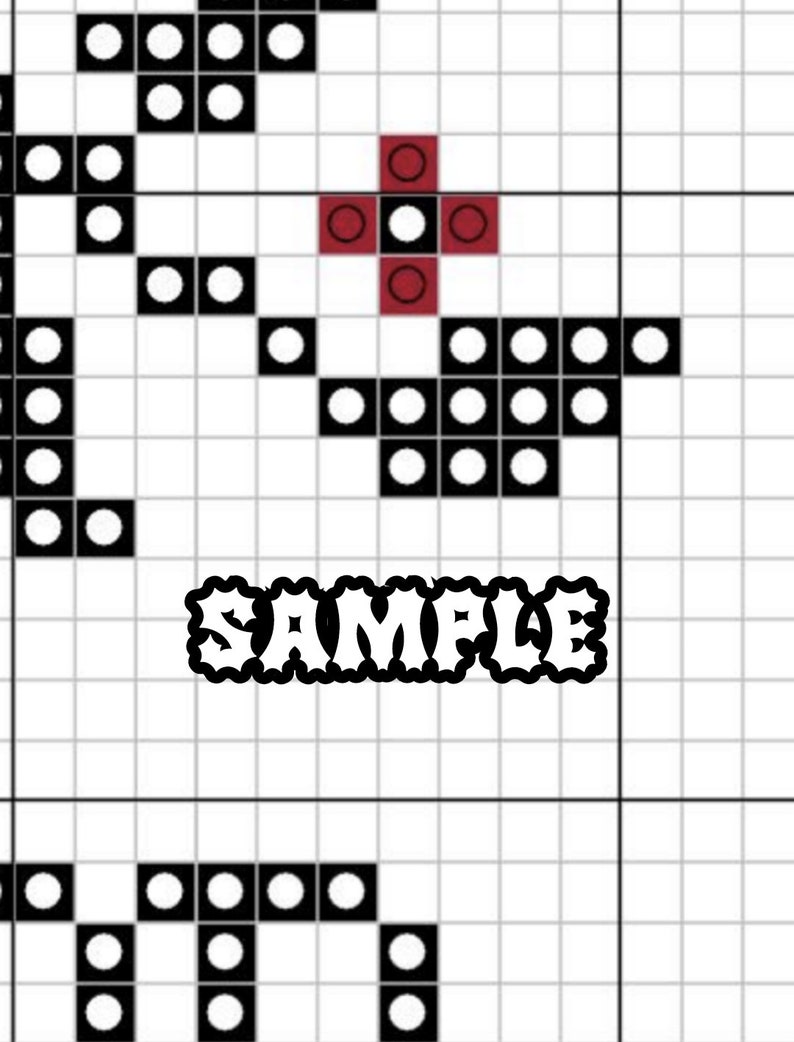 May include: Black and white pixel art design with a red cross in the centre. The design includes the word "SAMPLE" in a bold, black font.