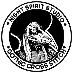 May include: Black and white illustration of a person wearing a plague doctor mask with a large, hooked nose. The image is surrounded by a white circle with the text "Night Spirit Studio Gothic Cross Stitch".