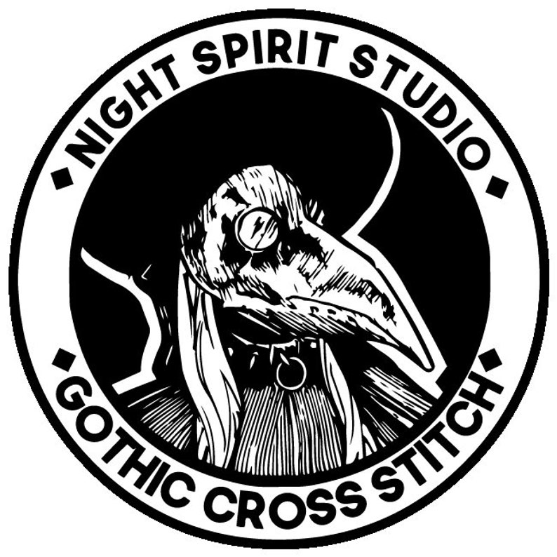 May include: Black and white illustration of a person wearing a plague doctor mask with a large, hooked nose. The image is surrounded by a white circle with the text "Night Spirit Studio Gothic Cross Stitch".