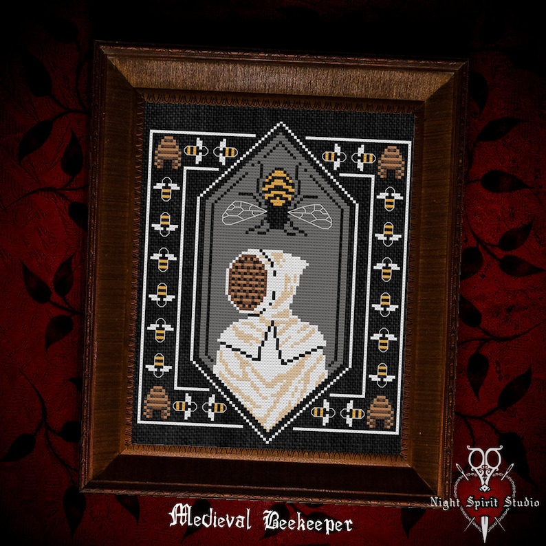 May include: A cross-stitch pattern of a medieval beekeeper wearing a white hooded suit with a beehive-shaped mask. The beekeeper is surrounded by a border of bees and beehives. The pattern is framed in a dark wood frame.