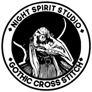 May include: Black and white illustration of a person wearing a plague doctor mask with a large, hooked nose. The image is surrounded by a white circle with the text "Night Spirit Studio Gothic Cross Stitch".