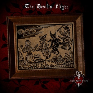 May include: Framed cross-stitch art titled "The Devil's Flight." The artwork depicts figures, including a devil and witches, in a black and tan color scheme. The frame is a dark wood. The text "The Devil's Flight" is at the top.