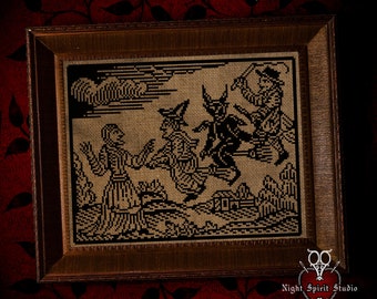 The Devil's Flight - Witches and Demons Woodcut - Gothic Cross Stitch Pattern - Medieval Cross Stitch - Spooky History Goth Digital PDF