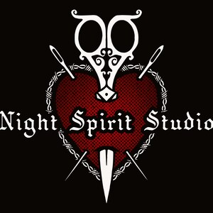May include: A white silhouette of a pair of scissors, two needles, and a dagger piercing a red heart with barbed wire around it. The text "Night Spirit Studio" is below the heart.