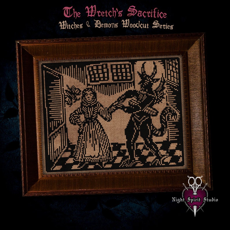 May include: A framed cross-stitch embroidery depicting a woman in a long dress being led by a horned demon. The embroidery is in black and white on a beige background. The title "The Wretch's Sacrifice" and "Witches & Demons Woodcut Series" are above the image.