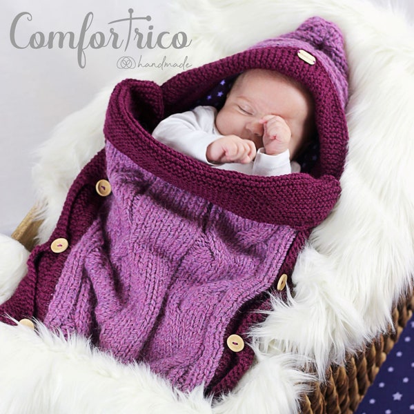 Nid d'ange bébé fille tricoté laine lilas Enveloppe bébé avec capuche et doublure en coton extensible "Etoile",laine douce & alpaga superfin