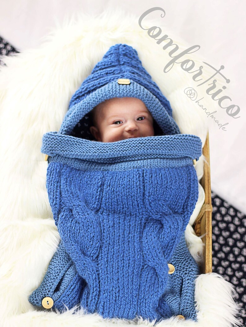 Baby Boy Swaddle Bag Wool Knitted Blue Sleeping Bag With Hood and Stretch Cotton Lining anchor