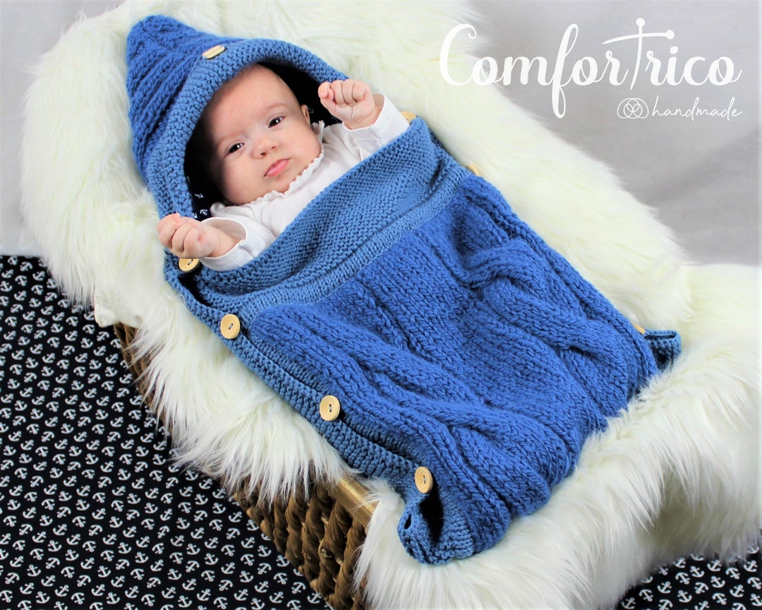 Baby Boy Swaddle Bag Wool Knitted Blue Sleeping Bag With Hood and