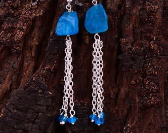 Blue Apatite Earrings, Raw Apatite Beaded Earrings, Gemstone Jewelry, Long Tassel Earrings, Sterling Silver Handmade Earrings, Gifts for Mom