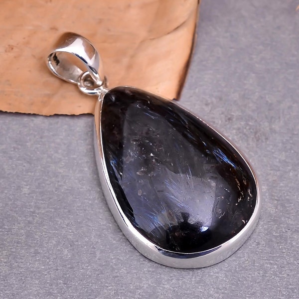 Amazing Fire Nuummite Pendant in Solid Silver, Black Protection Crystal, Cabochon Jewelry, Natural Nuummite Gemstone, Unique Boho Gifts OOAK