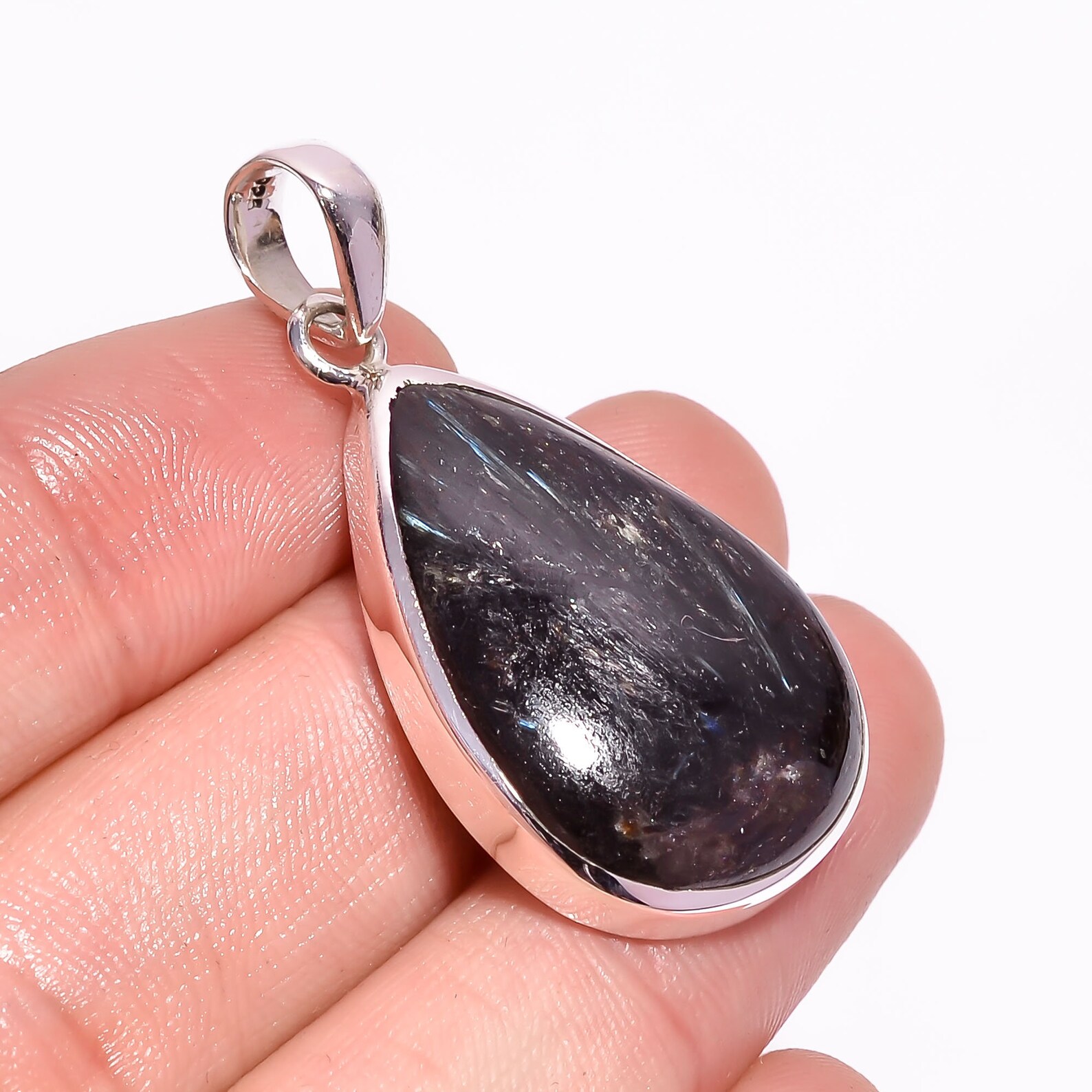 Teardrop Greenland Nuummite Pendant Solid Silver Jewelry Black - Etsy