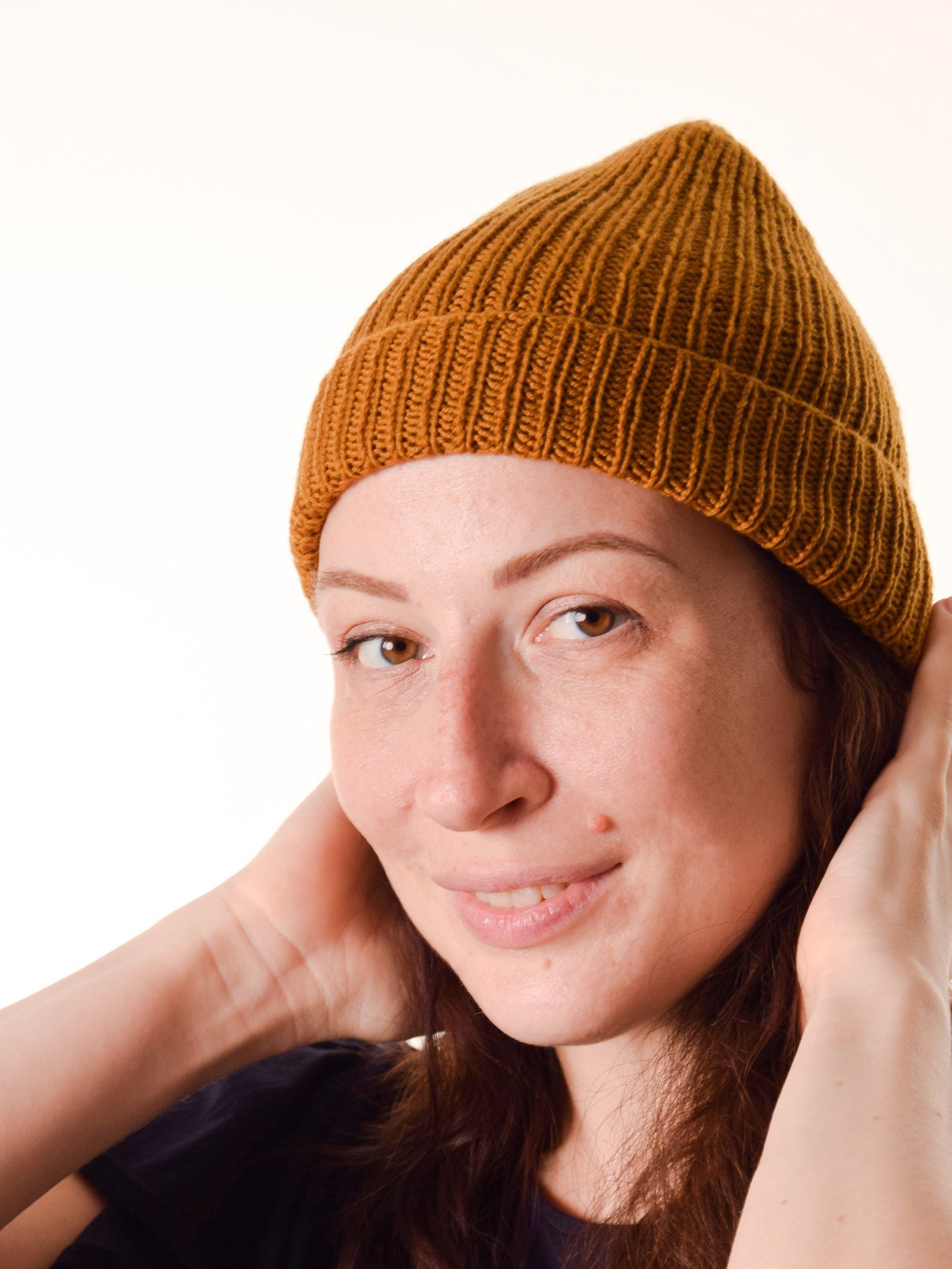 Fisherman Beanie Hat, Hand Knit Beanie Winter Accessories Christmas Gifts, Mustard Merino Wool Hat for Man