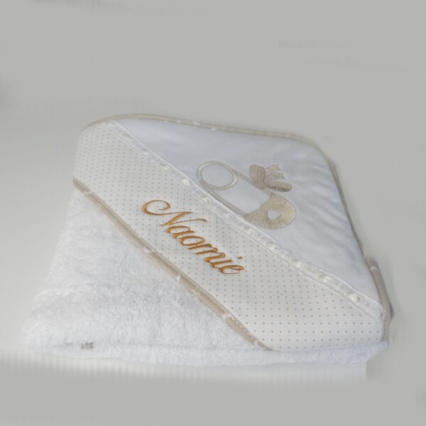 Cape de bain avec capuche motif épingle à nourrice beige en coton  pour bébés personnalisable. Dès la naissance