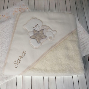 Customizable pink cotton baby bath cape with hood and customizable brush and comb set