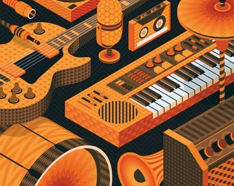 Geometric Music Art Print - illustration with various instruments