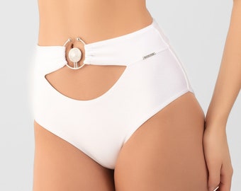 Sleek White High-Waisted Bikini Bottom with Silver Ring Detail - Contemporary Cut-Outs, Refined Beachwear