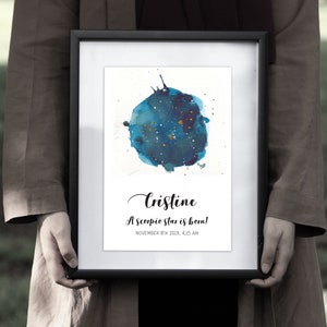 Arte de pared de constelación personalizable del signo zodiacal, impresión de constelación, impresión de constelación de sagitario, paleta de acuarela, mapa estelar personalizado