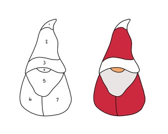 May include: A black and white line drawing of a gnome with numbers for a color-by-number activity. The completed image shows a red hat, white beard, and red coat.