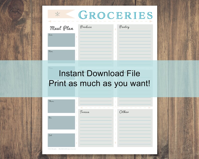 Printable Grocery List and Weekly Meal Planner Print at Home Blue ...