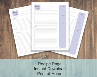 Recipe Printable Pages | Recipe Binder Insert | Meal Planning | Organization | Kitchen | Instant Download | Print at Home Recipe Card