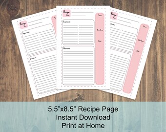 Recipe Printable Pages | 5.5x8.5 inch | Pink | Recipe Binder Insert | Meal Planning | Organization | Kitchen | Print at Home